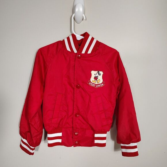 Vtg Disney EPCOT Center Mickey Kids Bomber Jacket Red Varsity Nylon 80s USA Sz 4 - Picture 1 of 12